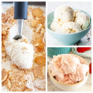 Scooping ice cream and bowl of vanilla and strawberry ice cream.