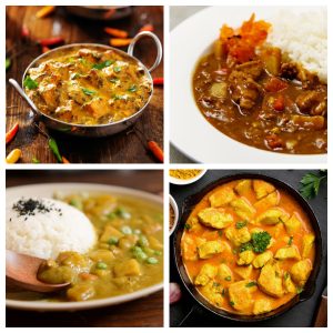 Four curry dishes.