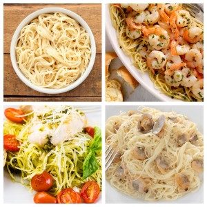 Bowl of pasta, shrimp scampi, clams and pasta.