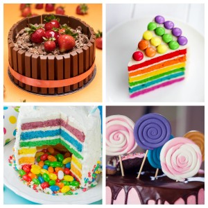 Rainbow cake with candy, chocolate cake, and lollipops.